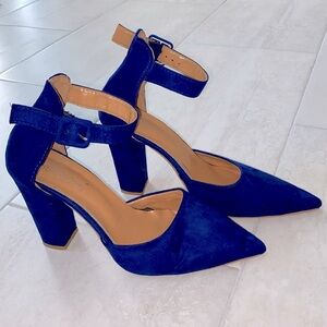 Hengsong Pointed Faux Royal Blue Suede Block Heels with Ankle Buckle-Size 11